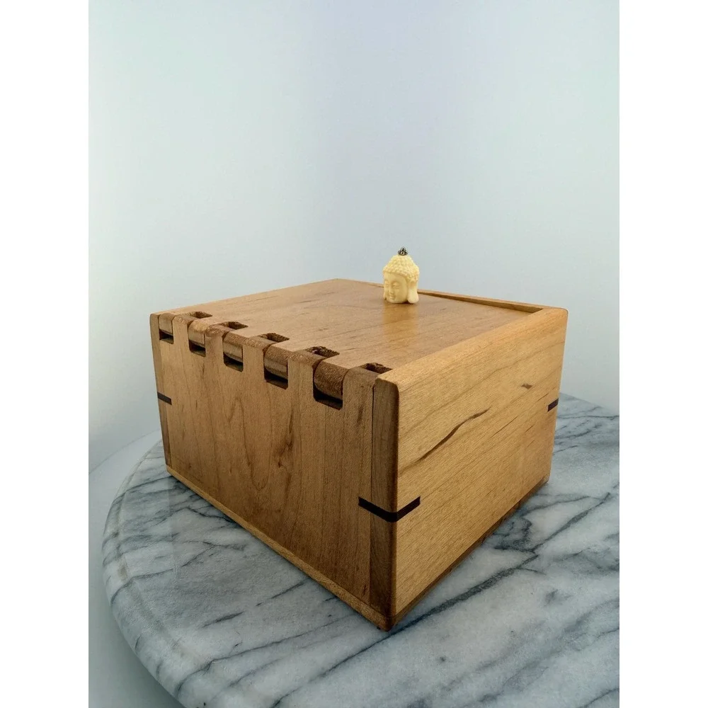 Vintage Handcrafted Wooden Keepsake Box Buddha Finial, Artisan, Zen Meditation